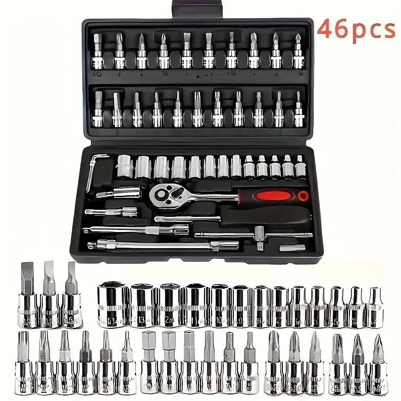 46Pcs Metric Socket 1/4" HSS Drive Ratchet Bit Set Wrench Torx Hex Tool Kit Case