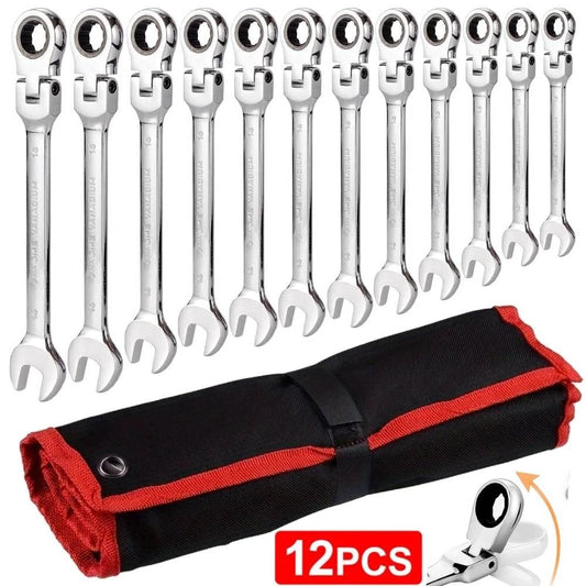 12Pcs 8-19mm Spanner Flex-Head Ratcheting Wrench Set Combination Wrench Set