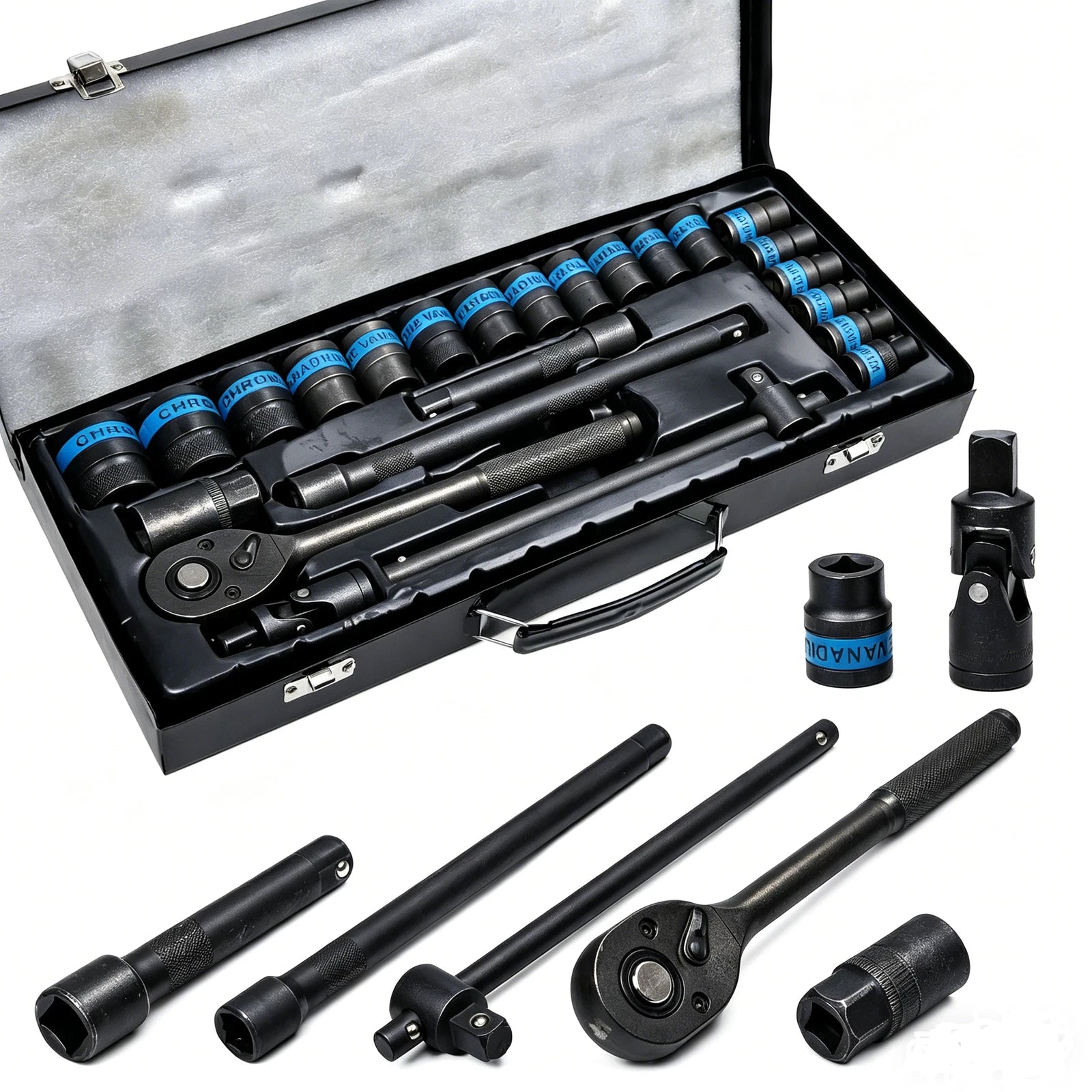 Heavy Duty 1/2" Ratchet Wrench 8-32mm Metric Socket Set Metal Case Socket Set