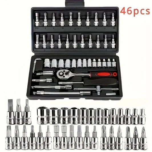 46Pcs Metric Socket 1/4" HSS Drive Ratchet Bit Set Wrench Torx Hex Tool Kit Case